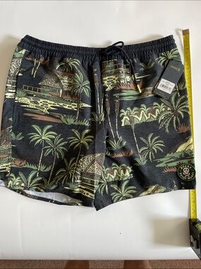 Roark Black Swim Trunks with Green and Tan Tropical Print